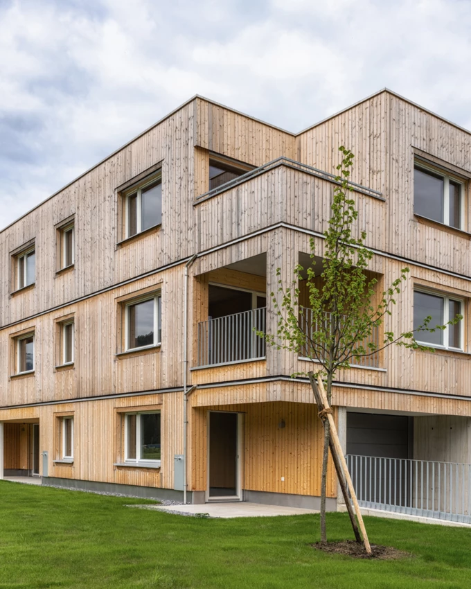 Nachhaltiges Zuhause mit tollem Wohnkomfort: die 14 leistbaren Wohnungen von Wohnbauselbsthilfe und Rhomberg Bau im Rankweiler Andreasweg.